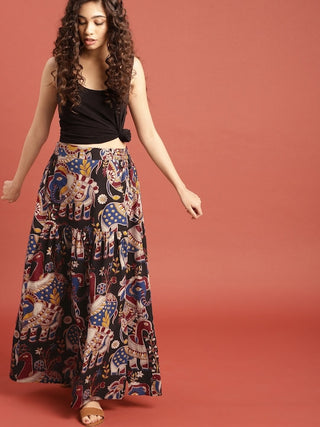 Taavi Black _ Maroon Kalamkari Hand Block Print Ethnic Sustainable Maxi Pure Cotton Skirt With Gathers