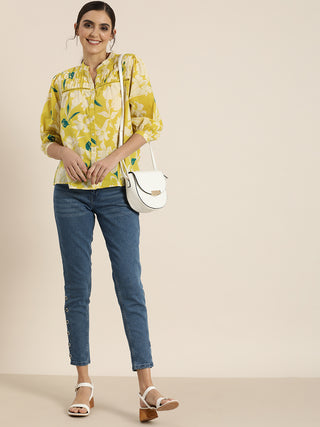 Yellow & Off White Floral Print Mandarin Collar Puff Sleeve Cotton Top