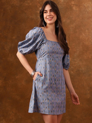 Blue Ethnic Motifs Printed Puff Sleeves Cut-Out A-Line Ethnic Dresses
