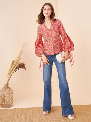 Floral Printed Mandarin Collar Shirt Style Top