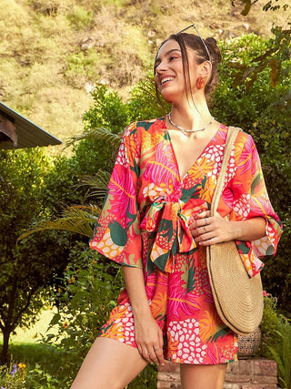 SASSAFRAS Orange _ Green Floral Printed Front Tie Knot Playsuit
