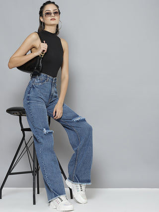 Women Blue Comfort Wide Leg High Rise Mildly Distressed Light Fade Jeans