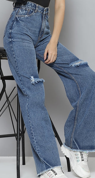 Women Blue Comfort Wide Leg High Rise Mildly Distressed Light Fade Jeans