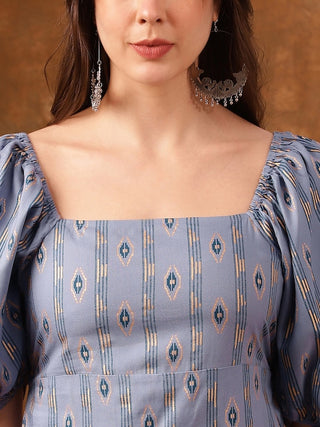 Blue Ethnic Motifs Printed Puff Sleeves Cut-Out A-Line Ethnic Dresses