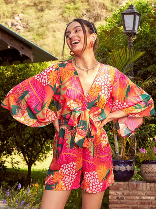 SASSAFRAS Orange _ Green Floral Printed Front Tie Knot Playsuit