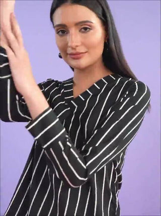 Women Black & White Striped Crepe Top